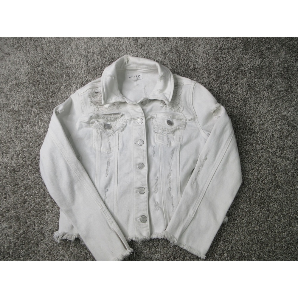 Cello White Distressed Denim Jacket Women Size Medium Raw Hem Frayed Jean Coat